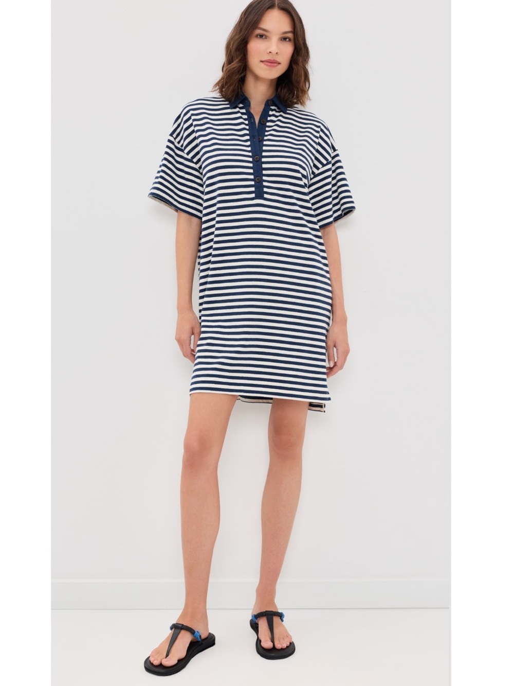 NWT Faherty Cotton Knit Polo Dress Womens Striped Navy Cream Short Sleeve XS